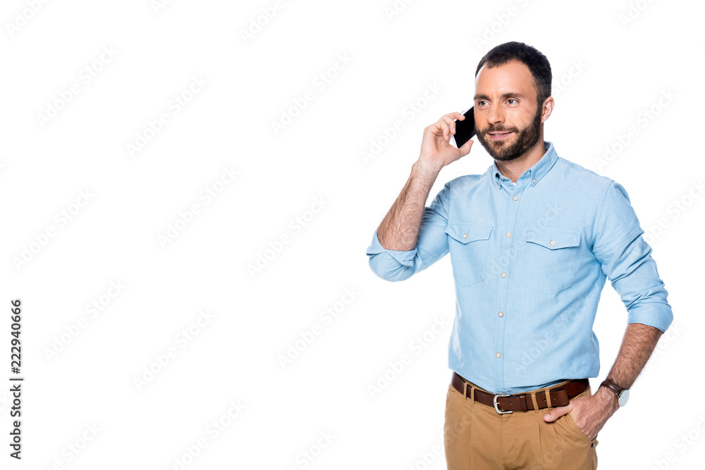 smiling man talking on smartphone isolated on white smiling man talking on smartphone isolated on white