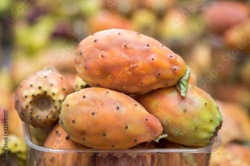 Fruits of prickly pear or opuntia cactus for sale at Jerusalem market photo