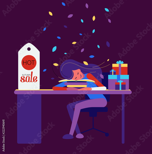 Autumn hot sale. Girl sleeping with gifts and falling leaves.