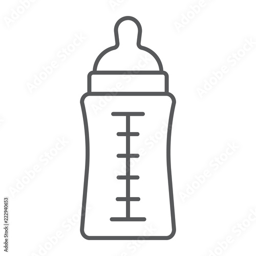 Baby bottle thin line icon, feed and milk, container sign, vector graphics, a linear pattern on a white background.