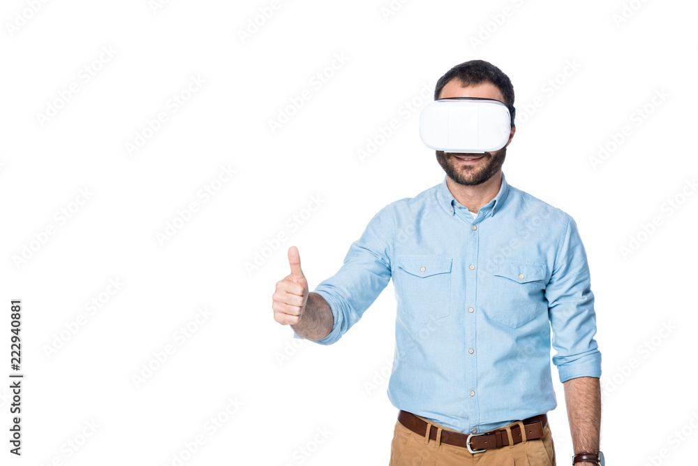 man using vr technology and showing thumb up isolated on white