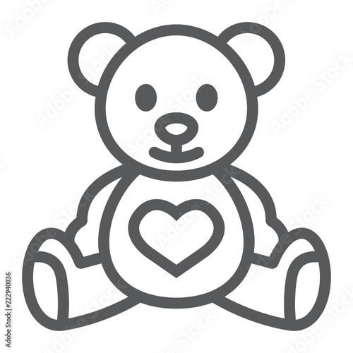 Teddy bear line icon, child and toy, animal sign, vector graphics, a linear pattern on a white background.