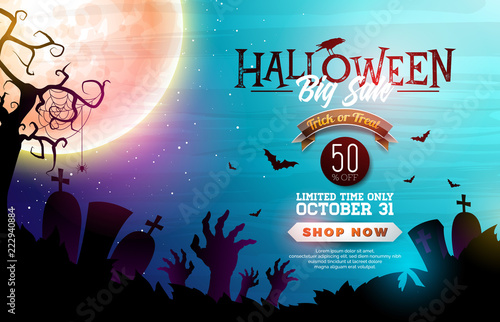 Halloween Sale banner illustration with moon, crow and flying bats on blue night sky background. Vector Holiday design template with typography lettering, cemetery and zombie hands for offer, coupon