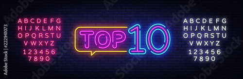 Top 10 Neon Text Vector. Top Ten neon sign, design template, modern trend design, night neon signboard, night bright advertising, light banner, light art. Vector. Editing text neon sign