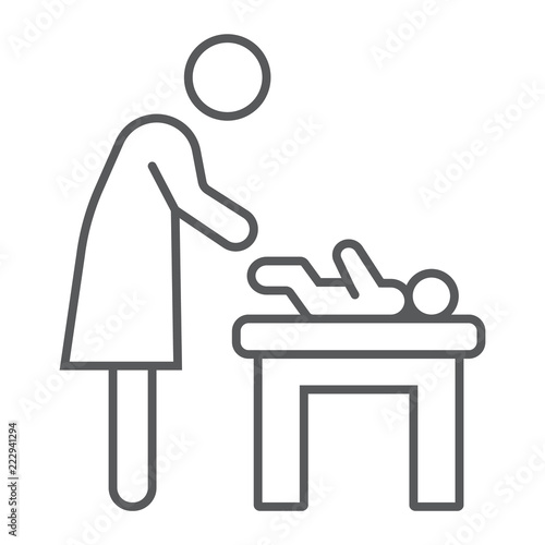 Mother swaddle baby thin line icon, parent and kid, change sign, vector graphics, a linear pattern