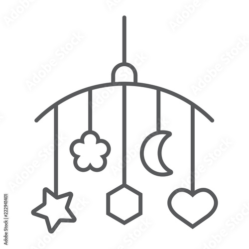 Hanging toys thin line icon, child and bed, crib sign, vector graphics, a linear pattern on a white background.