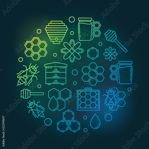 Apiary and beekeeping round vector colored line illustration
