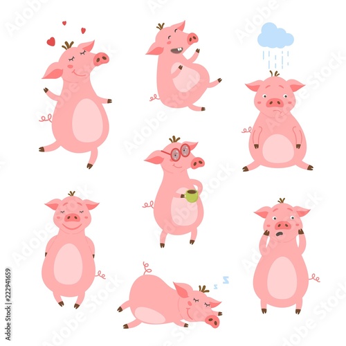 Set of cute pigs. Pigs with different characters. Vector illustration.