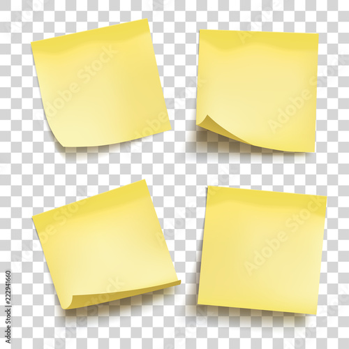 Set of yellow sheets of note papers. Four sticky notes. Vector illustration.