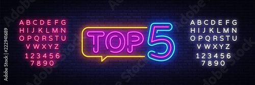 Top 5 Neon Text Vector. Top Five neon sign, design template, modern trend design, night neon signboard, night bright advertising, light banner, light art. Vector. Editing text neon sign