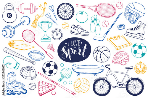 Collection of vector sport equipment. Doodle sport items illustration. Hand drawn sport balls, rackets, bicycle isolated on white background.