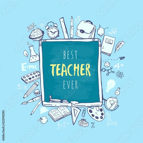 Happy teacher's day. Vector postcard with hand drawm elemets.