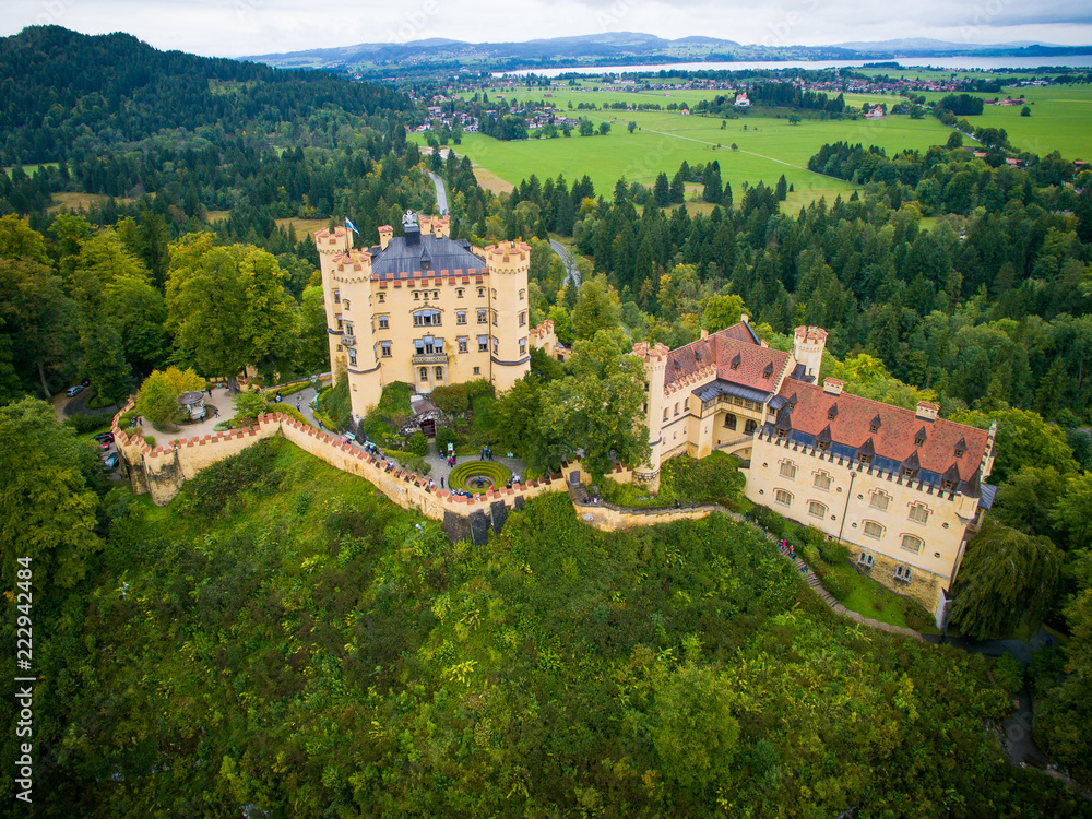 Castle Hohenschwangau in Germany. The Royal Palace in Bavaria. The yellow famous palace is a tourist attraction. top view