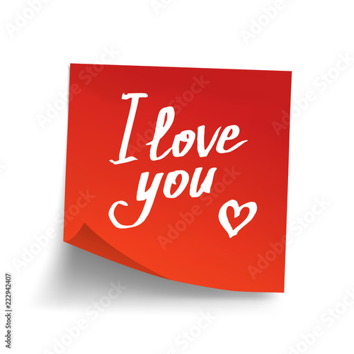 Red sticky note with text "I love you!". Vector illustration.