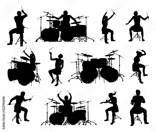 A set of high quality detailed drummer and drum kit musician silhouettes