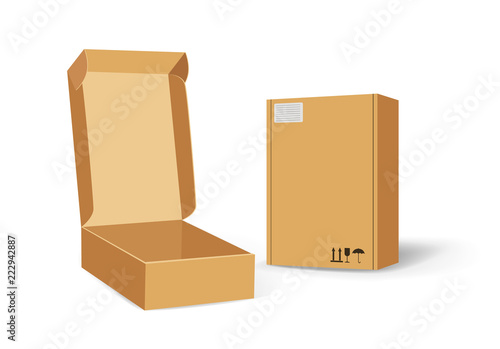 Carton packaging box. Brown delivery set of different sized packages with postal signs of fragile vector illustration. Set of closed and open cardboard boxes on white background.