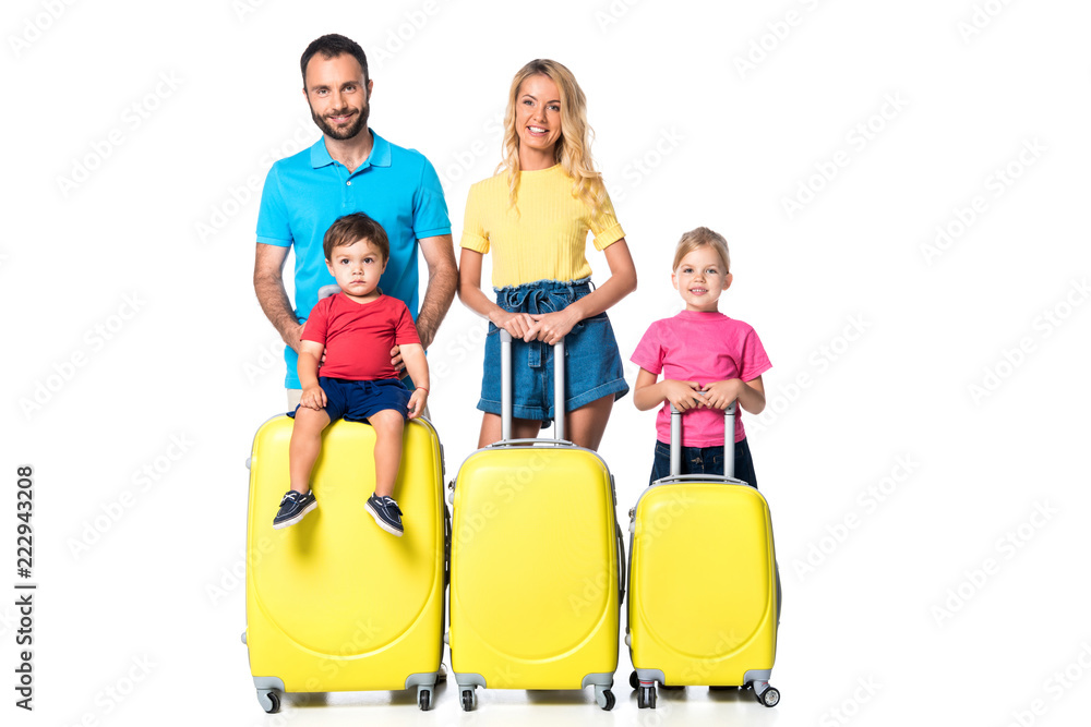 happy family with yellow suitcases isolated on white happy family with yellow suitcases isolated on white
