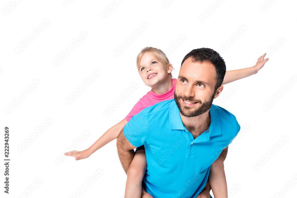 smiling father giving piggyback to daughter isolated on white smiling father giving piggyback to daughter isolated on white
