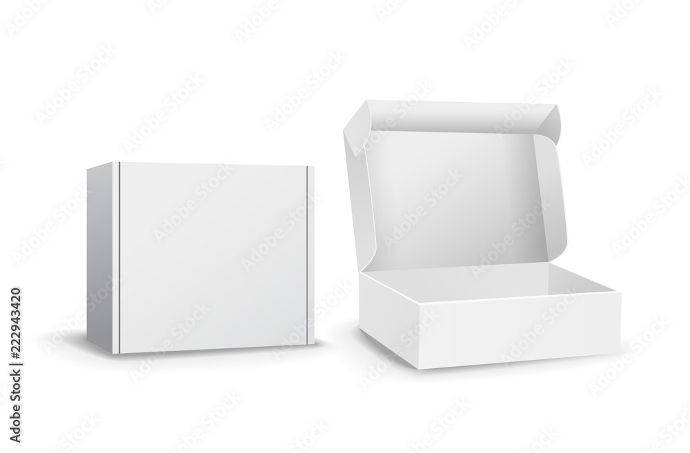 Set of small white cardboard boxes mockups. Template for product packaging.  Opened box or closed. Vector illustration Stock Vector