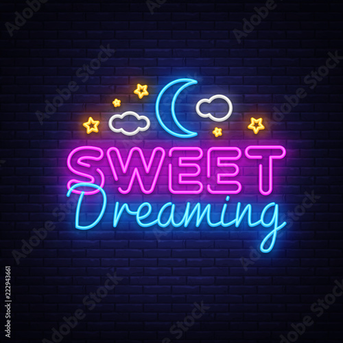 Sweet Dreaming Neon Sign Vector. Sweet Dreaming neon text, design template, modern trend design, night neon signboard, night light advertising, light banner, light art. Vector illustration