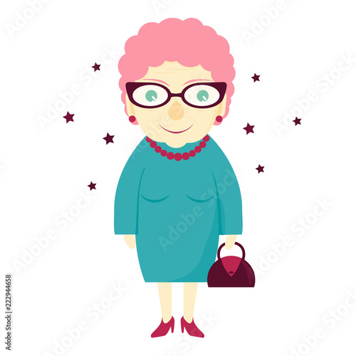 Stylish lovely cute grandmother with a handbag. Elderly woman . The old lady