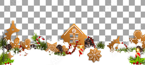 Christmas border (Weihnachten Girlande) with fir branches, pine cones, holly, and string lights. Merry Christmas background with open space for your text.