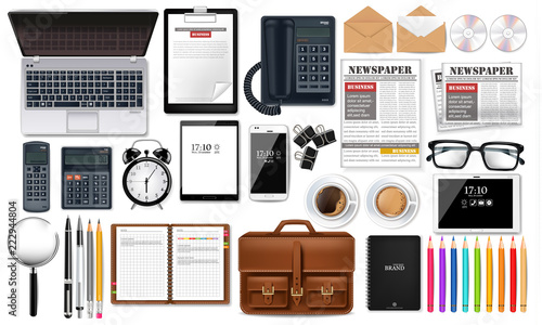 Laptop, gadget and office supplies business set collection Vector realistic. Glasses, newspaper, gadgets and CDs 3d detailed illustrations isolated