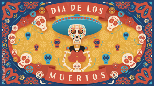 Festive banner of Day of the Dead. Vector illustration with colorful skeleton and skulls on colorful background in flat style. Holiday's name in Spanish.