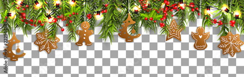 Christmas border (Weihnachten Girlande) with fir branches, pine cones, holly, and string lights. Merry Christmas background with open space for your text.