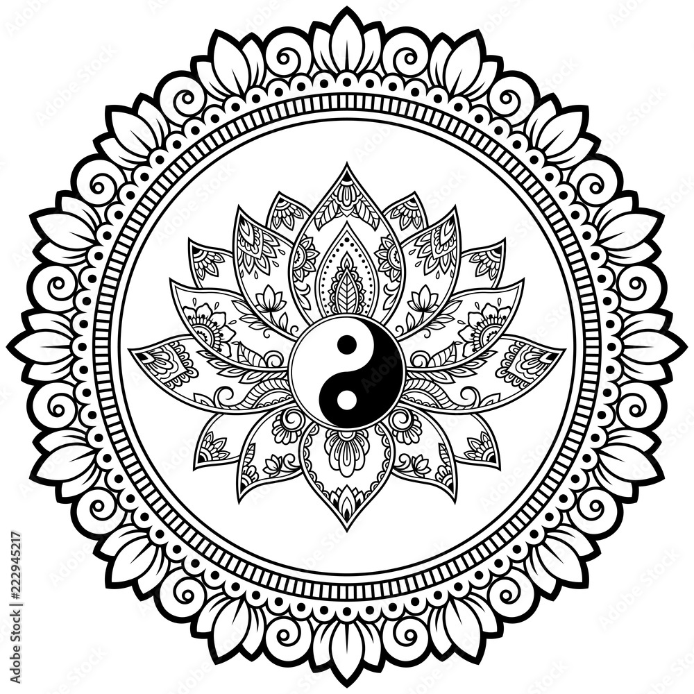 Circular pattern in form of mandala with lotus flower for Henna, Mehndi, tattoo, decoration. Decorative ornament in oriental style with Yin-yang hand drawn symbol. Coloring book page.