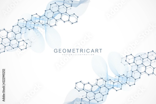 Geometric abstract background with connected line and dots. Scientific concept for your design. Global cryptocurrency blockchain business banner concept. Vector illustration