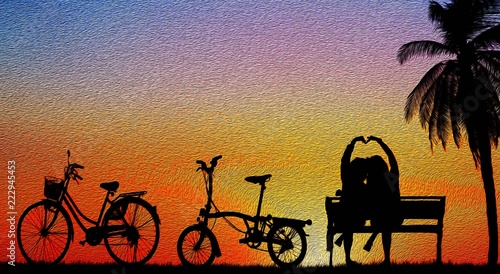 Silhouette couple and bike relaxing on blurry sunset background. oil painting