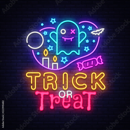 Halloween neon sign vector. Trick or treat Halloween Design template with ghost and web for banner, poster, greeting card, party invitation, light banner. Isolated illustration