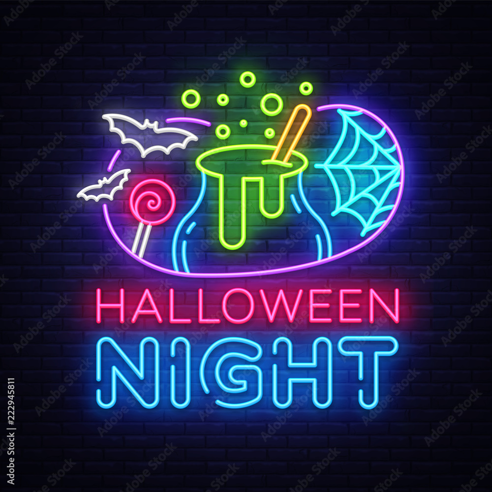 Halloween neon sign vector. Halloween Night Design template and web for banner, poster, greeting card, party invitation, light banner. Isolated illustration