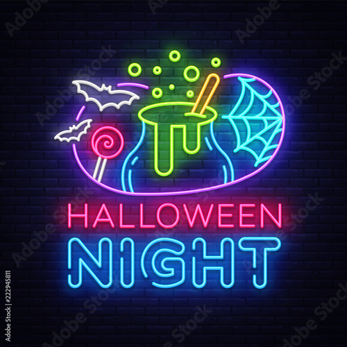 Halloween neon sign vector. Halloween Night Design template and web for banner, poster, greeting card, party invitation, light banner. Isolated illustration