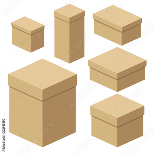 Set of isometric craft boxes of different sizes for packaging, gifts, transportation of goods. Flat vector cartoon illustration. Objects isolated on a white background.