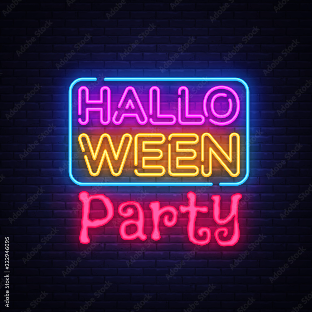 Halloween Party Text Vector. Happy Halloween neon sign, design template, modern trend design, night neon signboard, night bright advertising, light banner, light art. Vector illustration