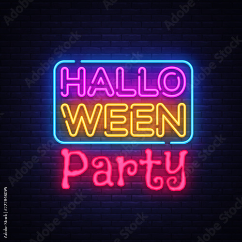 Halloween Party Text Vector. Happy Halloween neon sign, design template, modern trend design, night neon signboard, night bright advertising, light banner, light art. Vector illustration