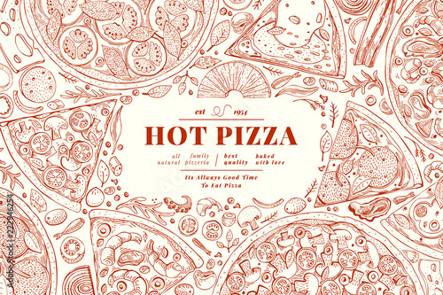 Italian pizza and ingredients frame. Italian food banner design template. Vintage hand drawn vector illustration. Can be use for menu or packaging.