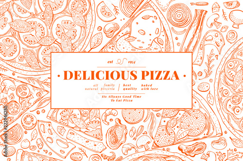 Italian pizza and ingredients frame. Italian food banner design template. Vintage hand drawn vector illustration. Can be use for menu or packaging.