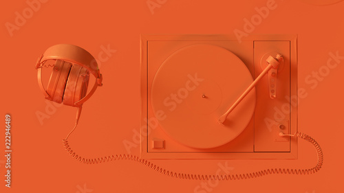 Orange Vintage Turntable Record Player with Headphones 3d illustration 3d render