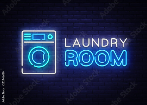 Laundry Room Neon Logo Vector. Dry Cleaning neon sign, design template, modern trend design, night neon signboard, night bright advertising, light banner, light art. Vector illustration