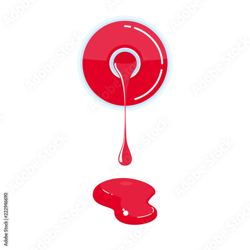 Nail varnish drips from the bottle. Means for the care of nails. Beauty and hygiene of women hands. Flat vector cartoon illustration. Objects isolated on white background.