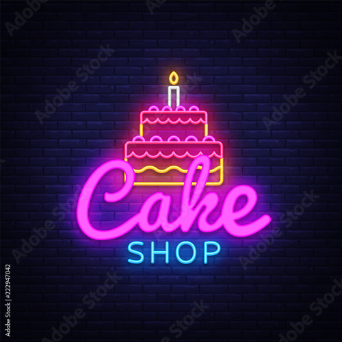 Cake Shop neon sign vector. Sweets Shop Design template neon sign, light banner, neon signboard, nightly bright advertising, light inscription. Vector illustration