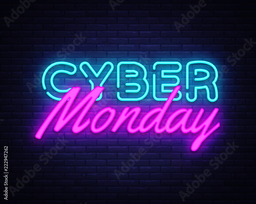 Cyber Monday concept banner in fashionable neon style, luminous signboard, nightly advertising of sales rebates of cyber Monday. Vector illustration for your projects
