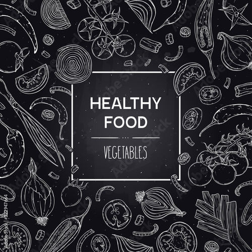 Vector hand-drawn banner with healthy vegetables - tomato, pepper, onion. Organic vegan food sketch illustration in chalkboard style. Design for shop, book, menu, poster, banner.
