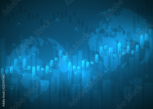 Business chart with uptrend line graph, bar chart and stock numbers market on blue background