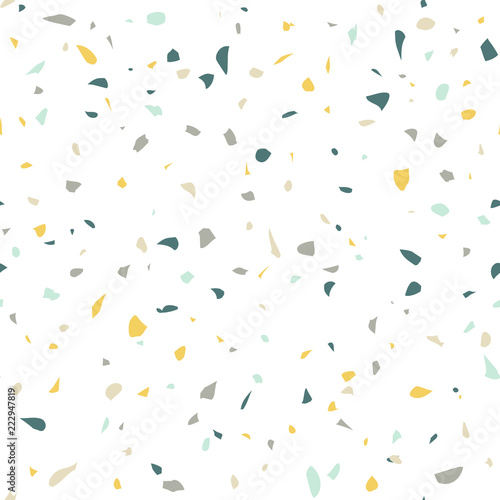 Terrazzo flooring textured surface modern abstract pattern. Vector seamless abstract repeat with chips of marble or granite in soft pastel colors.