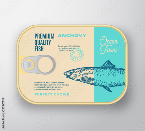 Abstract Vector Fish Aluminium Container with Label Cover. Retro Premium Canned Packaging Design. Modern Typography and Hand Drawn Anchovy Silhouette Background Layout.