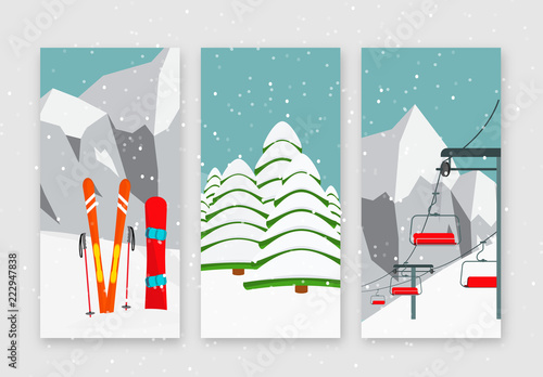 Ski resort season is open, winter web banners set design. Ski lift, equipment, snowboard, Alps, fir trees, falling snow, mountains panoramic background, flat vector illustration.
